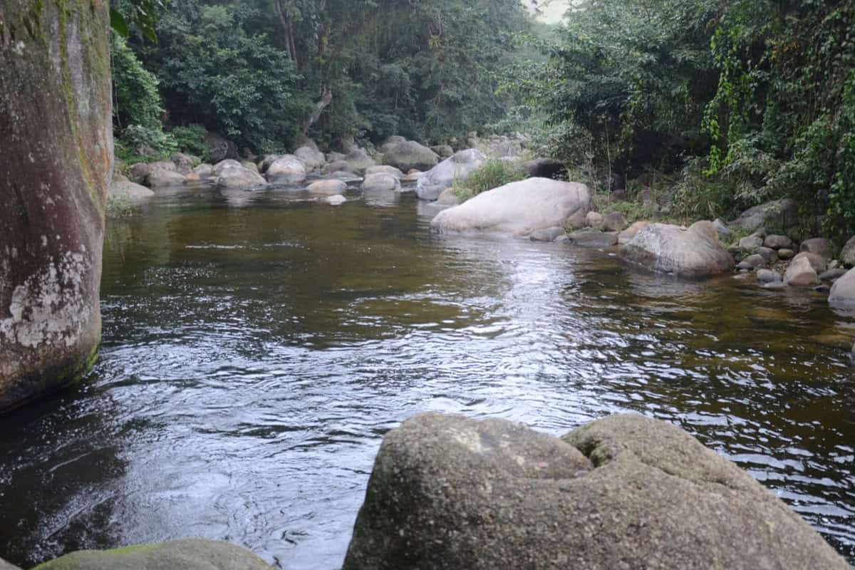 Cachoeira da Usina em Paraty com lajes de pedra e poço fundo em meio à mata